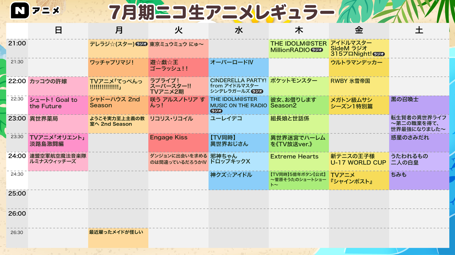 Nアニメ ニコニコアニメ公式 配信情報や も ニコニコ生放送でお送りする 22夏アニメ をまとめました ぜひニコニコで新作アニメをチェックしてください アニメ本編 特番一覧はこちら T Co S0e7tlpabg 曜日別配信スケジュールは