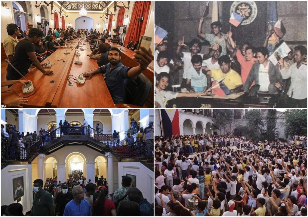 GerryCacanindin's tweet photo. Philippines, 1986. Sri Lanka, 2022. People don’t chase presidents from presidential palaces because they’ve been made to. People oust presidents because they’ve had enough of abuse, corruption, and injustice. No amount of historical revision will change that. https://t.co/vNv48yzMhL
