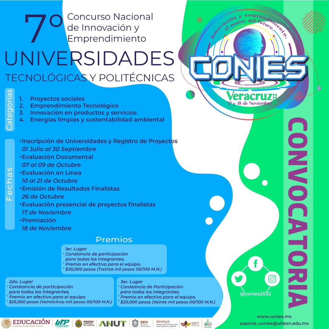 CONIES2022's tweet photo. ¡La espera ha terminado¡
Es momento de participar en la séptima edición del "Concurso Nacional de Innovación y Emprendimiento" #CONIES2022 de las Universidades Tecnológicas y Politécnicas. https://t.co/KocIxPJ8ON