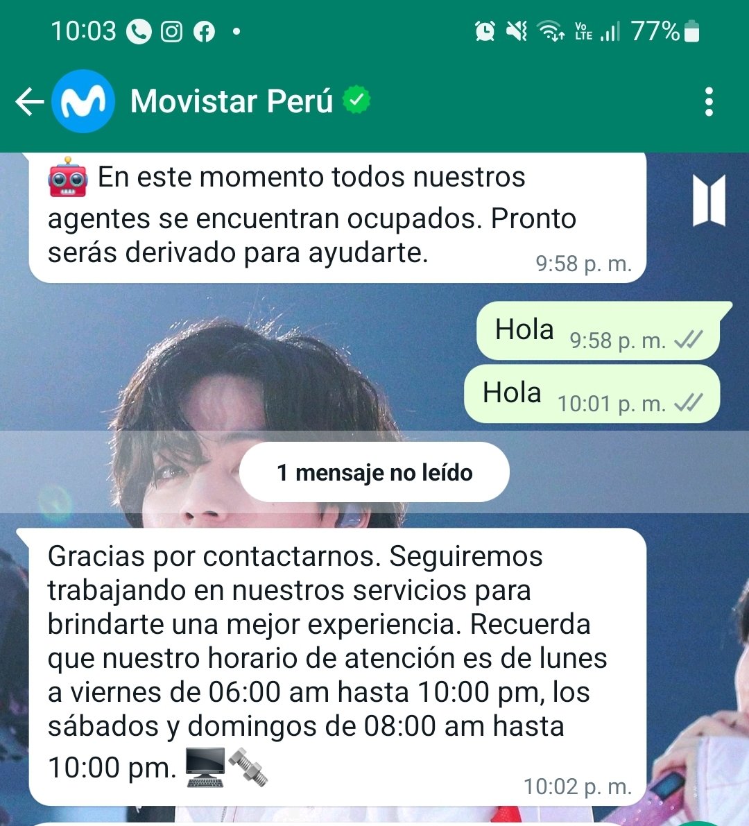 MilagrosReano's tweet photo. @MovistarPeru Su atención no es 24/7 como indican. Hora y media perdidas y nadie se dignó a responder mi consulta. Abusivos y sinvergüenzas. https://t.co/qajoFK7Z41