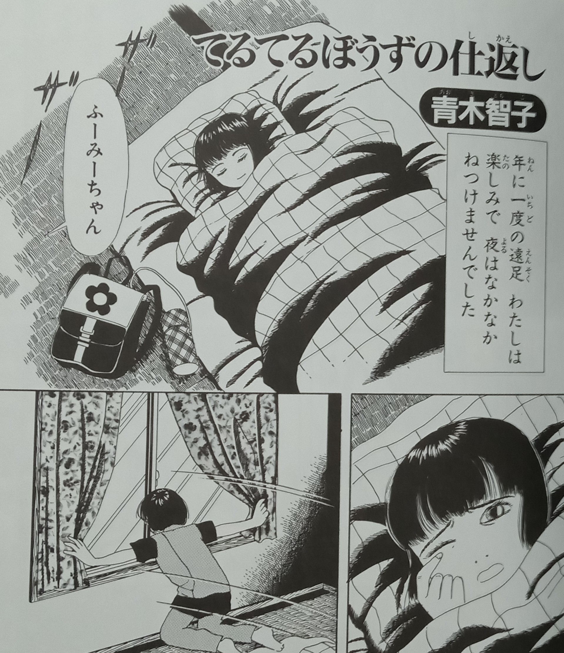 緑の五寸釘 俺達の世代は花子さんといえばコイツだ このシリーズは青木智子の掌編が読めるし暗いと光るので最高の本 お父さんがコケシに殴殺されたり てるてる坊主が首をもぎにやってきたり 容赦なく人が死ぬので小学生も大喜びだ ホラー漫画