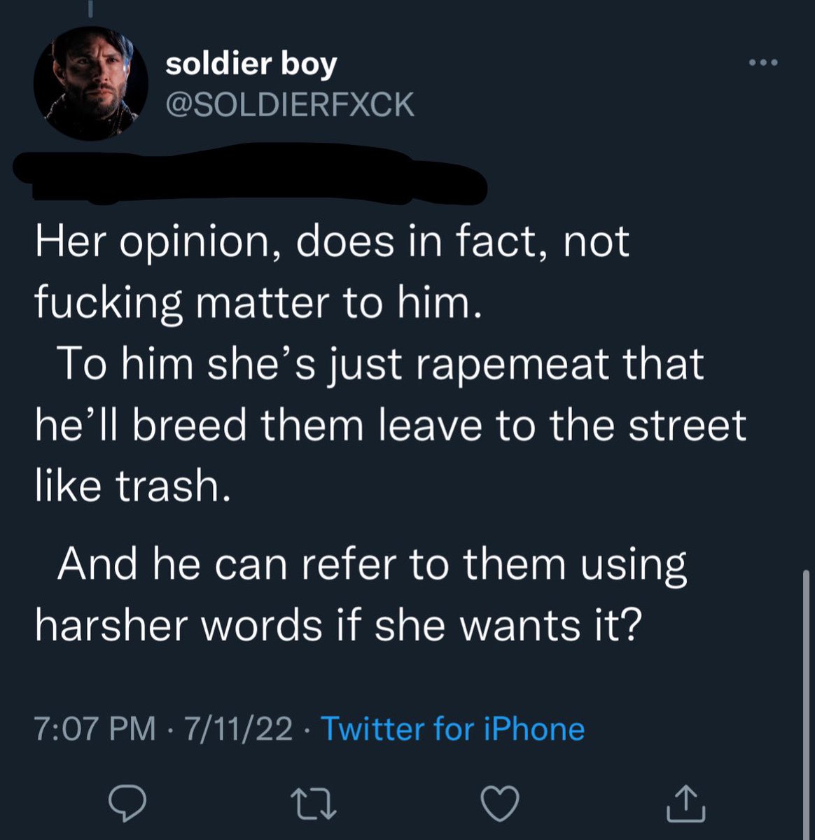 || TW : r*pe

Hello please block and report @/SOLDIERFXCK this is not right at all.
In character or not, please be careful if you follow them.