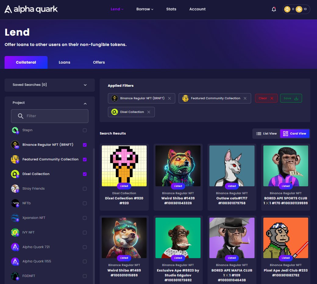 Alpha Quark is a P2P NFT collateral lending protocol where NFT holders can lend money from other users putting their NFT as collateral without selling NFTs.

#binance #bnb #huobi #ftx #bybit #nft #nfts #nftcommunity #nftartists #bitcoin #ethereum #aqt #alphaquark #nftcollectors