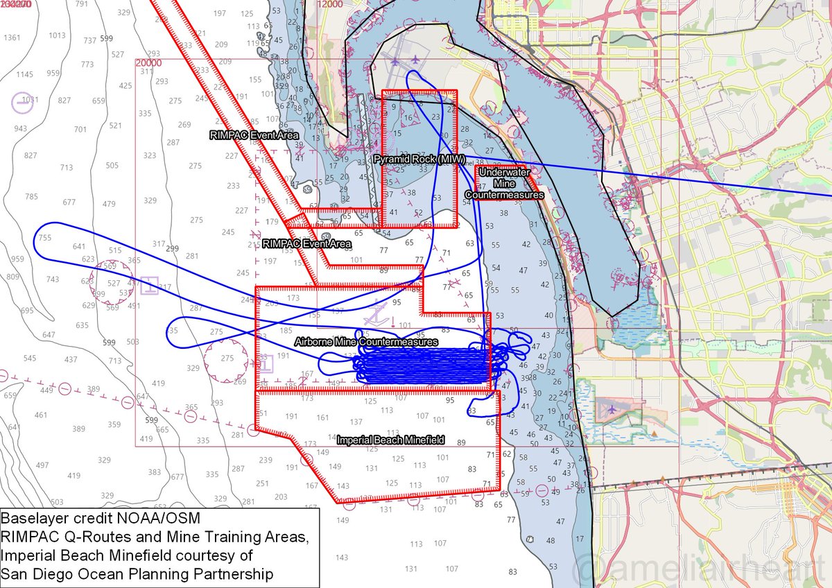 ameliairheart's tweet photo. USN MH-53E Airborne Mine Counter Measures platform flew a search pattern out of NAS North Island, CA for ~2 hours earlier. It arrived there yesterday after departing from Norfolk, VA on July 6, traveling cross country with tracks appearing in NC, TX, & NM. #ADSB #AE5D26 https://t.co/aQ8WoIJgva