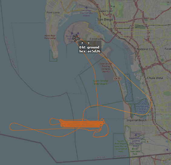 ameliairheart's tweet photo. USN MH-53E Airborne Mine Counter Measures platform flew a search pattern out of NAS North Island, CA for ~2 hours earlier. It arrived there yesterday after departing from Norfolk, VA on July 6, traveling cross country with tracks appearing in NC, TX, & NM. #ADSB #AE5D26 https://t.co/aQ8WoIJgva