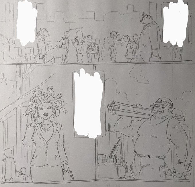 異世界のモンスター達と共存する世界。 
本当ならここに至るまでに色々と壮大なストーリーがあるんだろうけどエロ漫画だしそういうのは数コマで済ます😅
描きたいのはそこじゃないし。 