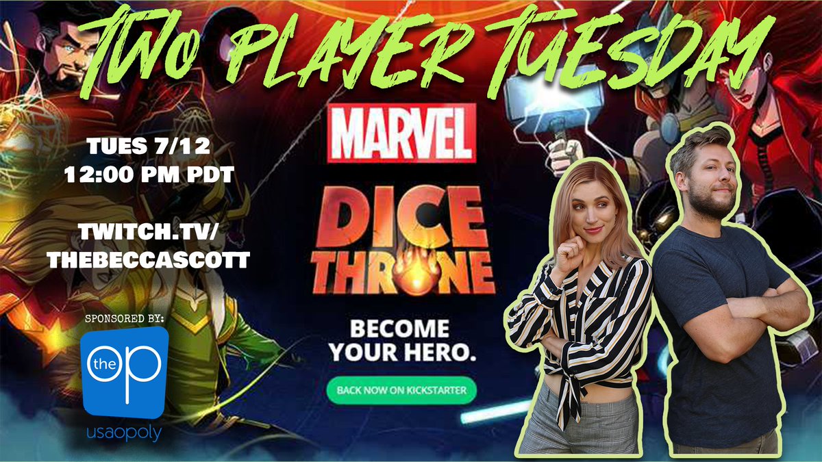 goodtimesociety's tweet photo. We're throwing dice all over the multiverse with #Marvel #DiceThrone this week on #TwoPlayerTuesday! Join us to kick butt and feel like s*** in a good way as Thor, Loki, Scarlet Witch, or Spider-Man! 

@ 12 Pacific on twitch

Thanks to @TheOpGames for sponsoring the stream! https://t.co/URZQws4J10