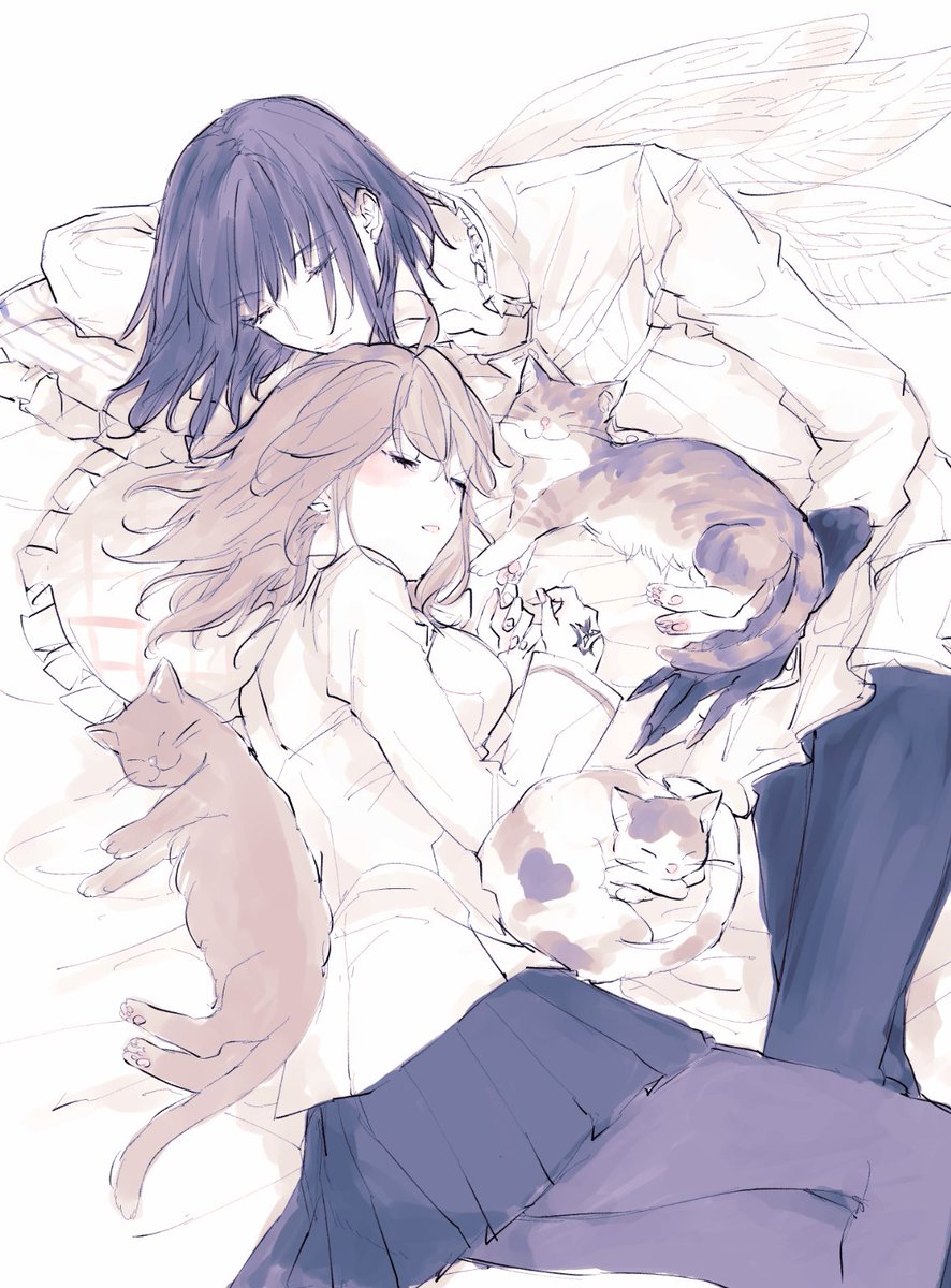 fujimaru ritsuka (female) 1girl 1boy cat wings skirt closed eyes sleeping  illustration images