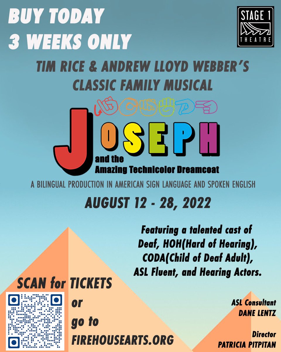 Stage1Theatre88's tweet photo. TICKETS ON SALE 🎟 We are extremely excited for our upcoming show: Joseph and the Amazing Technicolor Dreamcoat, Featuring Deaf, HOH (Hard of Hearing) CODA (Child of Deaf
Adult), ASL Fluent, and Hearing Actors at the Firehouse Arts Center in Pleasanton, CA August 12-28, 2022 https://t.co/llxu46As3K