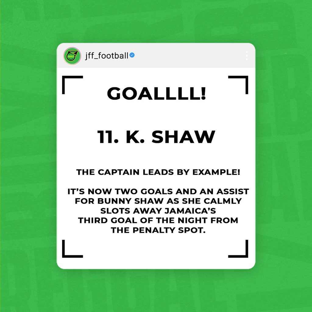 jff_football's tweet photo. Shaw calmly slots away π―π²βs third goal of the night ππΏ
.
#ReggaeGirlz #CWC #JAMHTI #BobMarleyFoundation #ReggaeGirlzFoundation #JFF_Football https://t.co/SGe6ArjRQI
