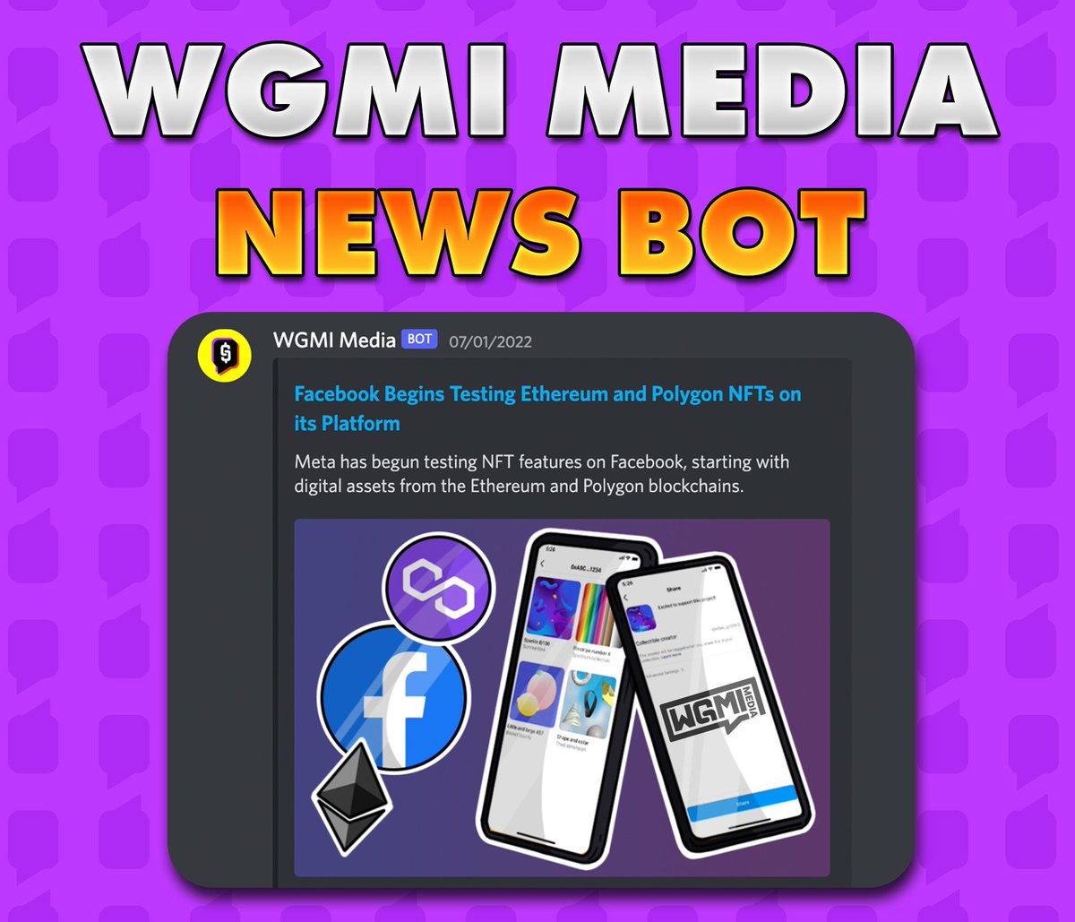 WGMImedia's tweet photo. ⭐️ INTRODUCING WGMI MEDIAS NEWS BOT ⭐️

Get all news Web3 sent directly to your discord server at no cost! ✅ 

🎁 To celebrate we are running
 a GIVEAWAY for $250 in ETH 🎁

To Enter:
1. Like &amp; Retweet ❤️
2. Tag a server who needs this bot! 👇 https://t.co/5c71431dBD