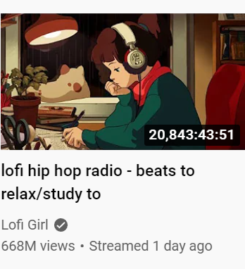 สตรีมน้อง lofi อ่านหนังสือได้จบลงแล้วเมื่อวาน รวมเวลาได้ 868 วัน หรือสองปีกว่าๆ ซัดไป 668 ล้านวิว