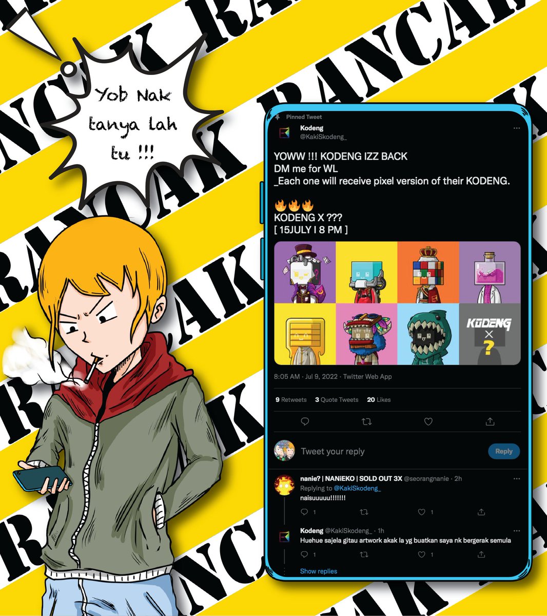 YOWW !!! KODENG IZZ BACK
DM me for WL 
_Each one will receive pixel version of their KODENG.

🔥🔥🔥
KODENG X ???
[ 15JULY I 8 PM ]
Tweet by <a href="/KakiSkodeng_/">KODENG | Kiyoots</a>