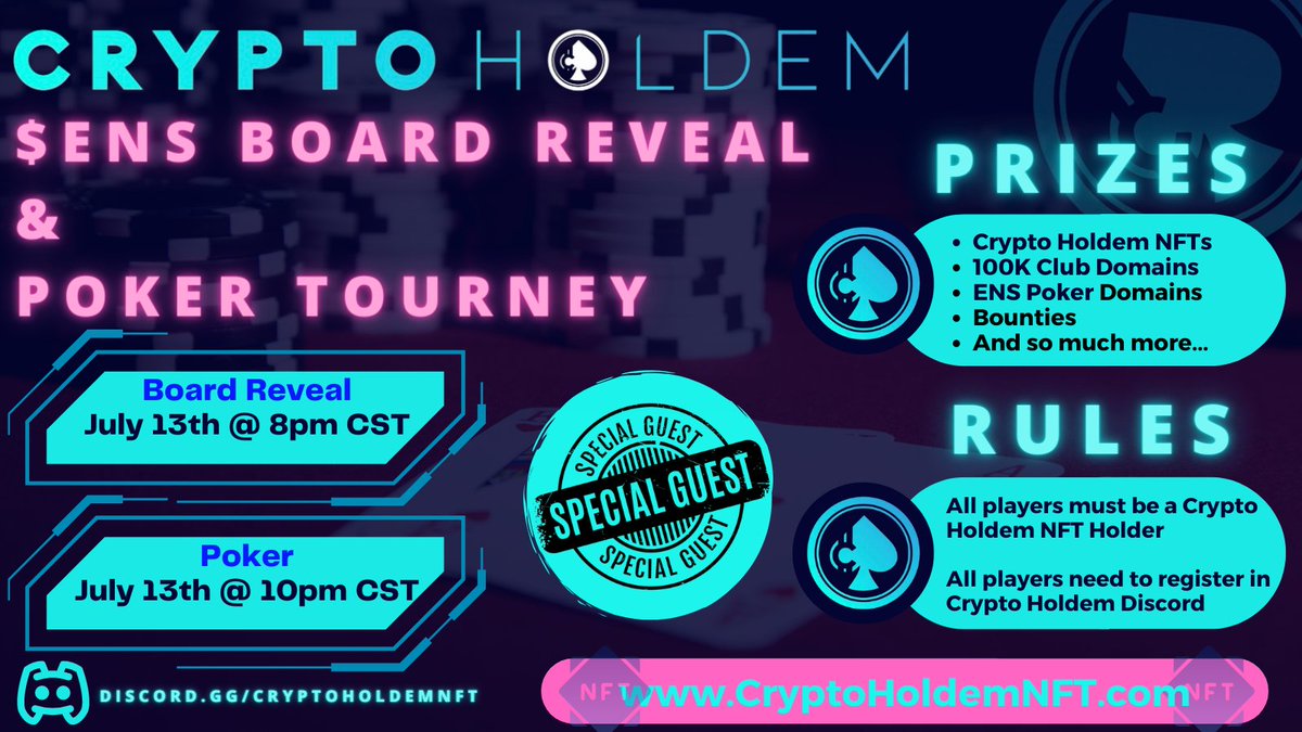 CryptoholdemNFT's tweet photo. $ENS "Board Reveal &amp; Poker Tournament"

CH Holder Prizes:

✅ 100K Club ENS
✅ CH NFTs
✅ Poker ENS 

And more...

Unsure how the "Board Reveal" works? 

See the video below or more Info: https://t.co/ADQsEalSAU

Mint: https://t.co/cAWHg8cBHa

#NFT #ENS #Poker #999club #10Kclub https://t.co/d4sPtxHvpB