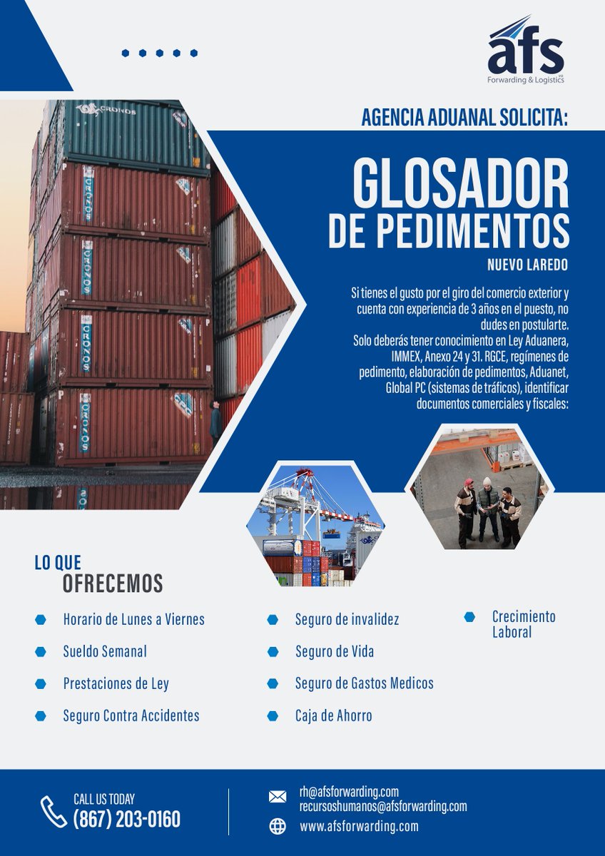 🚨 AFS está buscando tu talento 🚨

Si cuentas con los requisitos, envíanos tu CV a las direcciones de correo que aparecen, o bien, comunícate al teléfono de contacto.  😉

#NuevoLaredo #Jobs #AgenciaAduanal