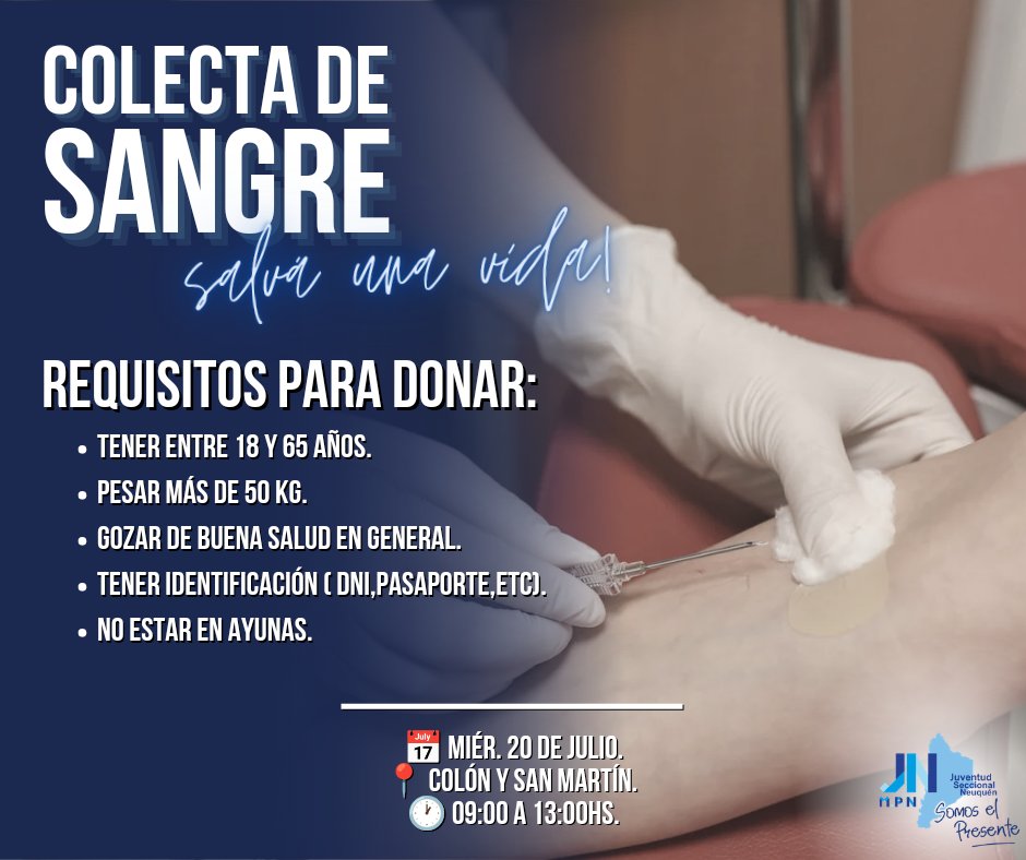 JuveSeccMPN's tweet photo. 𝗖𝗢𝗟𝗘𝗖𝗧𝗔 𝗗𝗘 𝗦𝗔𝗡𝗚𝗥𝗘
¡𝗦𝗮𝗹𝘃𝗮 𝘂𝗻𝗮 𝘃𝗶𝗱𝗮!

Si queres donar sangre, sacá turno con anticipación:

📱Comunícate por WhatsApp al2995286790 / 2996201813
📅 Miér. 20 de Julio
📍 Colón y San Martín
🕐 09:00 a 13:00Hs. https://t.co/fTXsQaMzOq