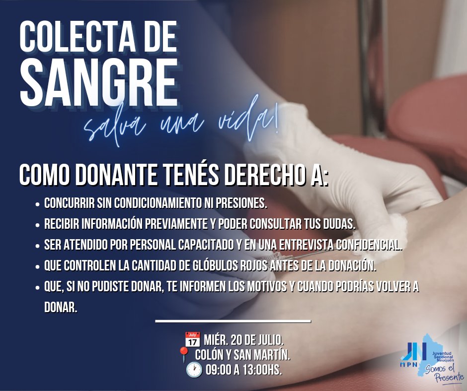 JuveSeccMPN's tweet photo. 𝗖𝗢𝗟𝗘𝗖𝗧𝗔 𝗗𝗘 𝗦𝗔𝗡𝗚𝗥𝗘
¡𝗦𝗮𝗹𝘃𝗮 𝘂𝗻𝗮 𝘃𝗶𝗱𝗮!

Si queres donar sangre, sacá turno con anticipación:

📱Comunícate por WhatsApp al2995286790 / 2996201813
📅 Miér. 20 de Julio
📍 Colón y San Martín
🕐 09:00 a 13:00Hs. https://t.co/fTXsQaMzOq