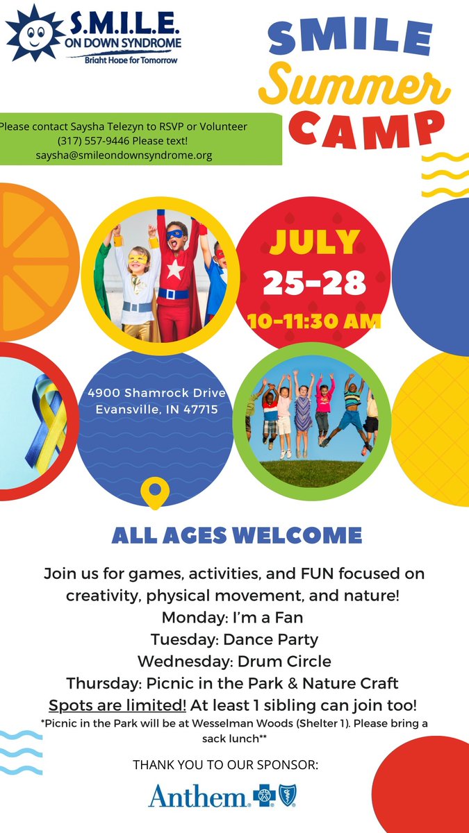 We are SO excited to offer a week of SMILE Summer Camp for all ages July 25-28! 🥳 Spots are limited so please email Saysha (saysha@smileondownsyndrome.org) to reserve your place! A sibling is also welcome! ☺️