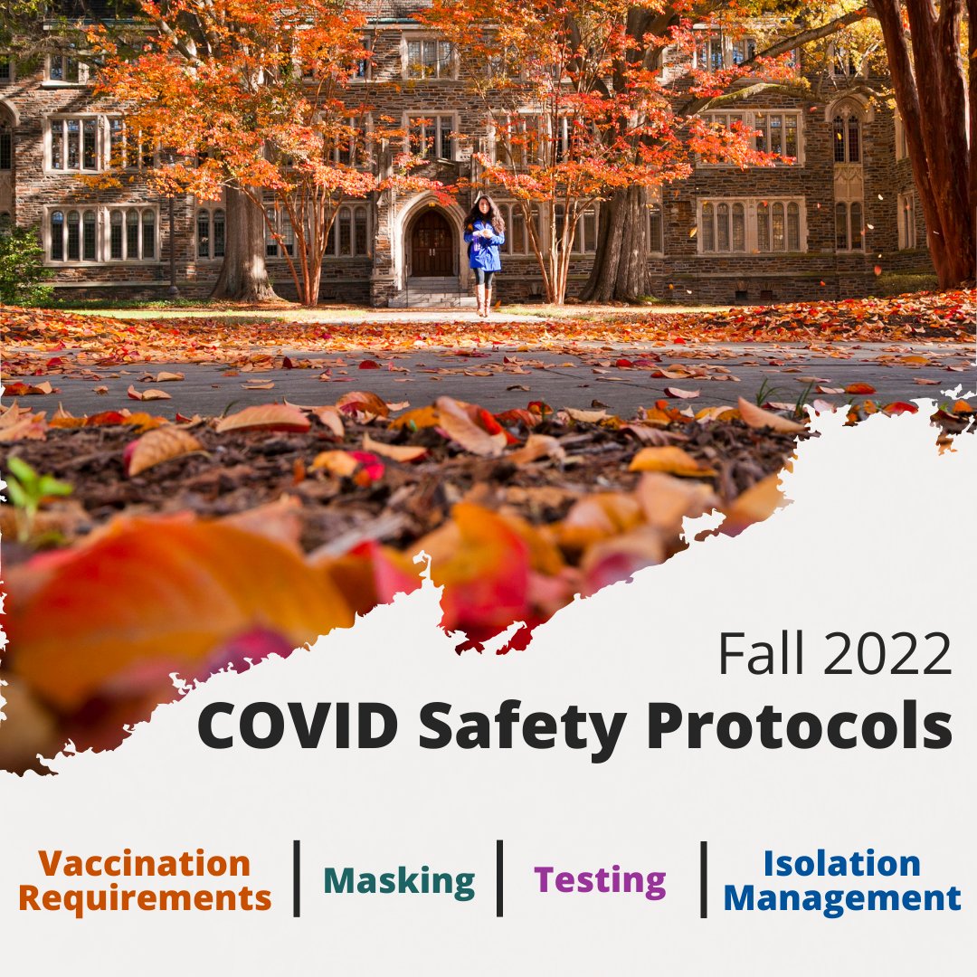 DukeStuAff's tweet photo. Recently, the Duke community received an email outlining COVID protocols and procedures for the Fall 2022 semester, including guidance on vaccination requirements, masking, testing, and isolation management. Visit https://t.co/3WGDh0GFTN for the full message. #togetherduke https://t.co/4WTFlL0Hkv