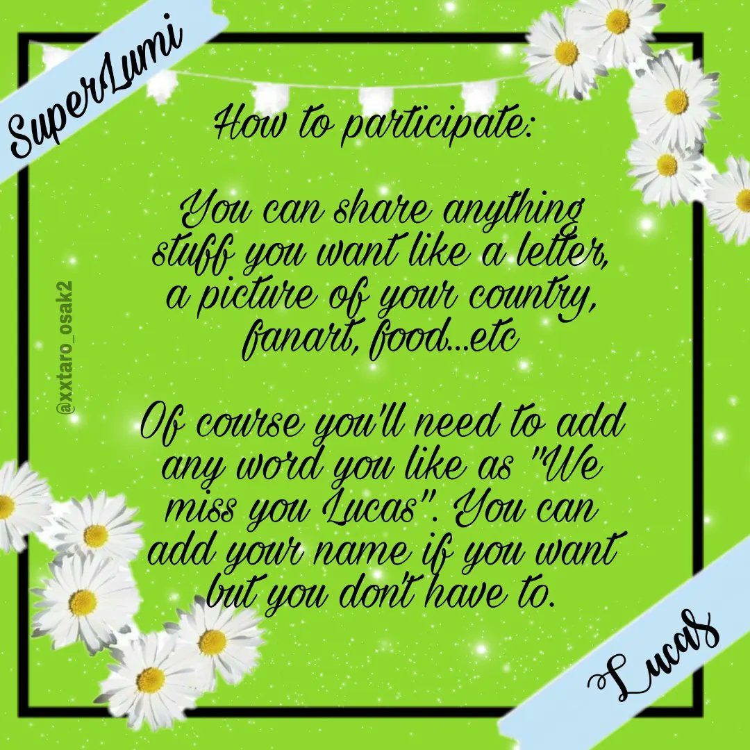xxtaro_osak2's tweet photo. 📣 Read before participating ‼️

This project is created for supporting #WayVLucas who is still in hiatus. 💚

Send your project to : 
Superlumi444@gmail.com  

[ Your works will be posted as a video on Instagram and YouTube. ] https://t.co/OiHghvkzcz