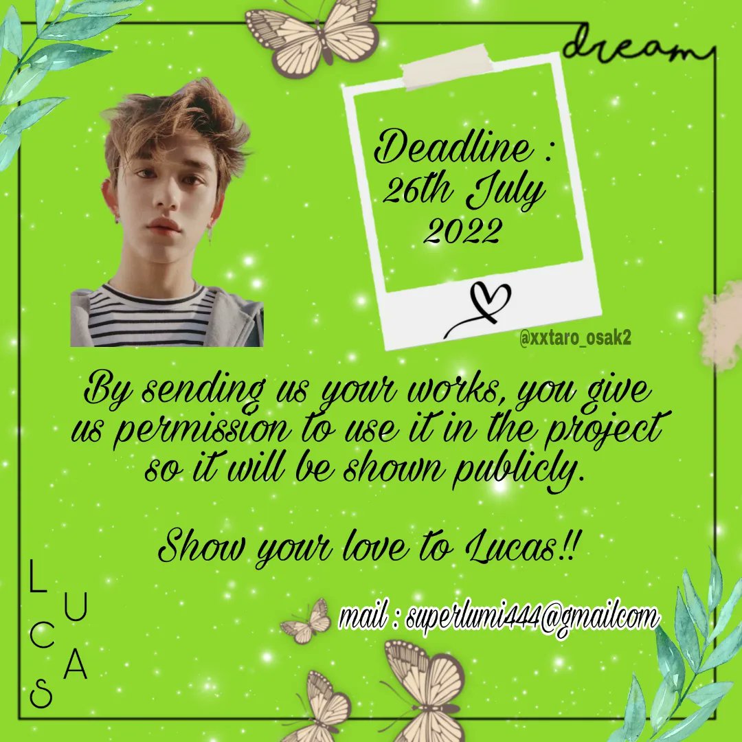 xxtaro_osak2's tweet photo. 📣 Read before participating ‼️

This project is created for supporting #WayVLucas who is still in hiatus. 💚

Send your project to : 
Superlumi444@gmail.com  

[ Your works will be posted as a video on Instagram and YouTube. ] https://t.co/OiHghvkzcz