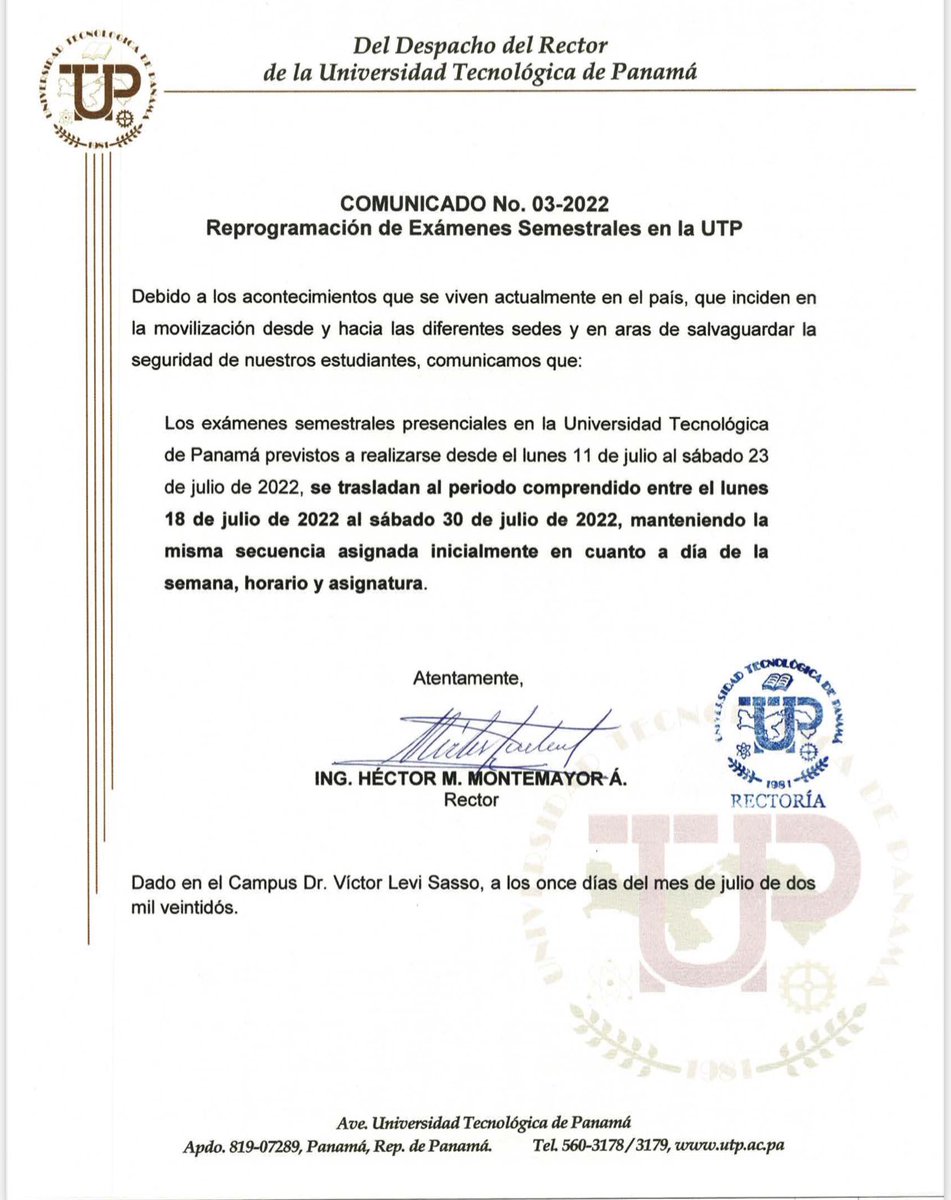utppanama's tweet photo. Comunicado No. 03-2022 - Reprogramación de Exámenes Semestrales en la UTP https://t.co/RBZIzeJGc2