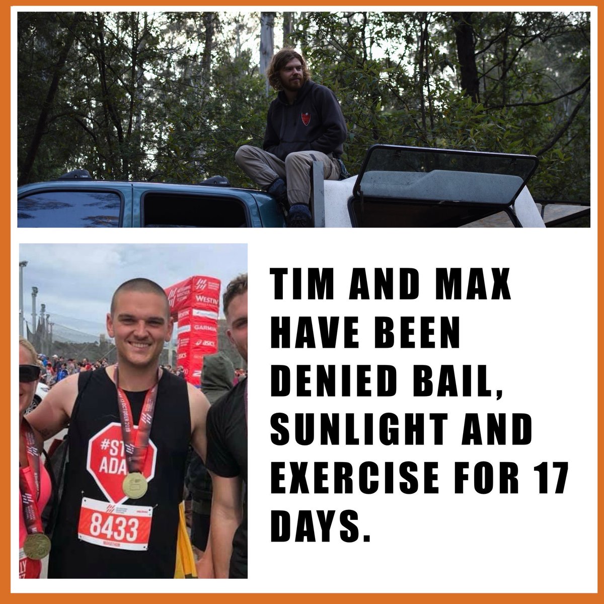 BlockadeAus's tweet photo. Today 7 people are facing court for outrageous charges from NSW Police. 

2 of these people are Max &amp; Tim, denied bail &amp; held in prison for planning to resist Australia’s climate destruction.

No one should be kept in a cage. 

#FreeMaxandTim #BlockadeAustralia https://t.co/QLHJJBT5ro