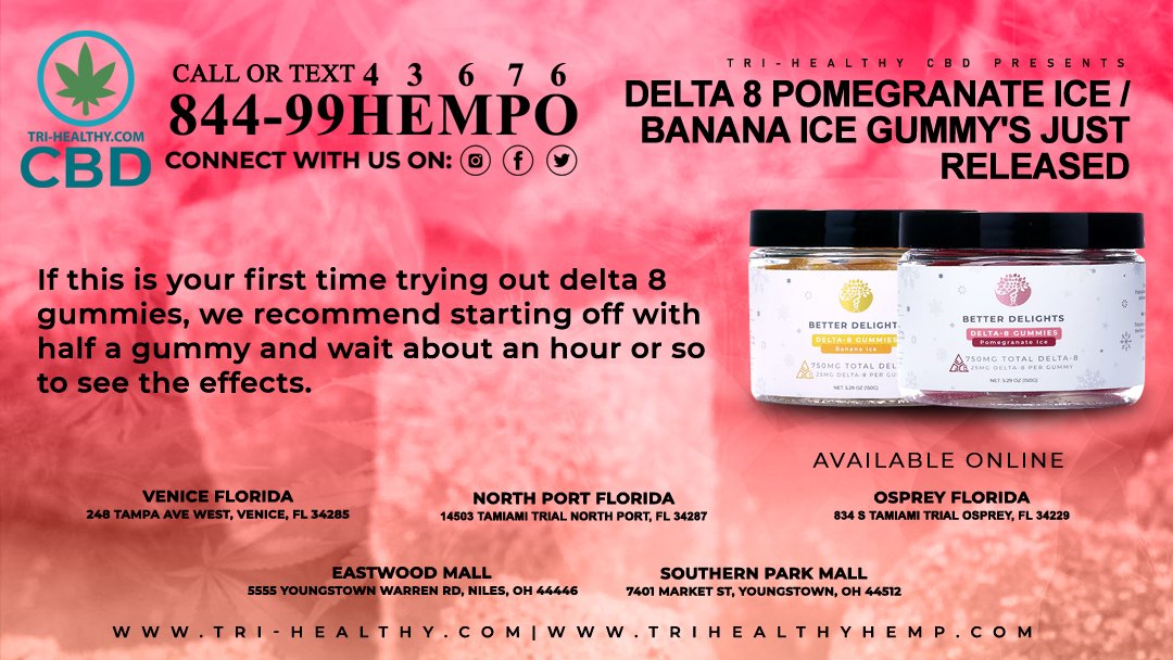 trihealthcbd's tweet photo. Have you tried any of our new gummy flavors? https://t.co/fFuxXCYCOH #Delta8THC #Delta8IceGummies #IceGummies #PomegranateIce #BananaIce #CreatingBetterDays #Gummies #THCGummies #THC #TriHealthyCBD https://t.co/v2OH59Uqz7