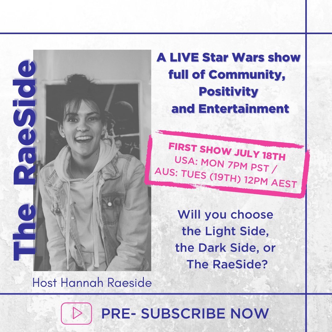 TheRaeSide's tweet photo. WOOHOO! I am so excited to announce a BRAND NEW show and a BRAND NEW channel! I am all about connecting and creating community and Star Wars is my favourite way to achieve all that. Pre-Sub NOW to be apart of my first show! https://t.co/PgmPk0AHwK https://t.co/c9UvyrcfNG