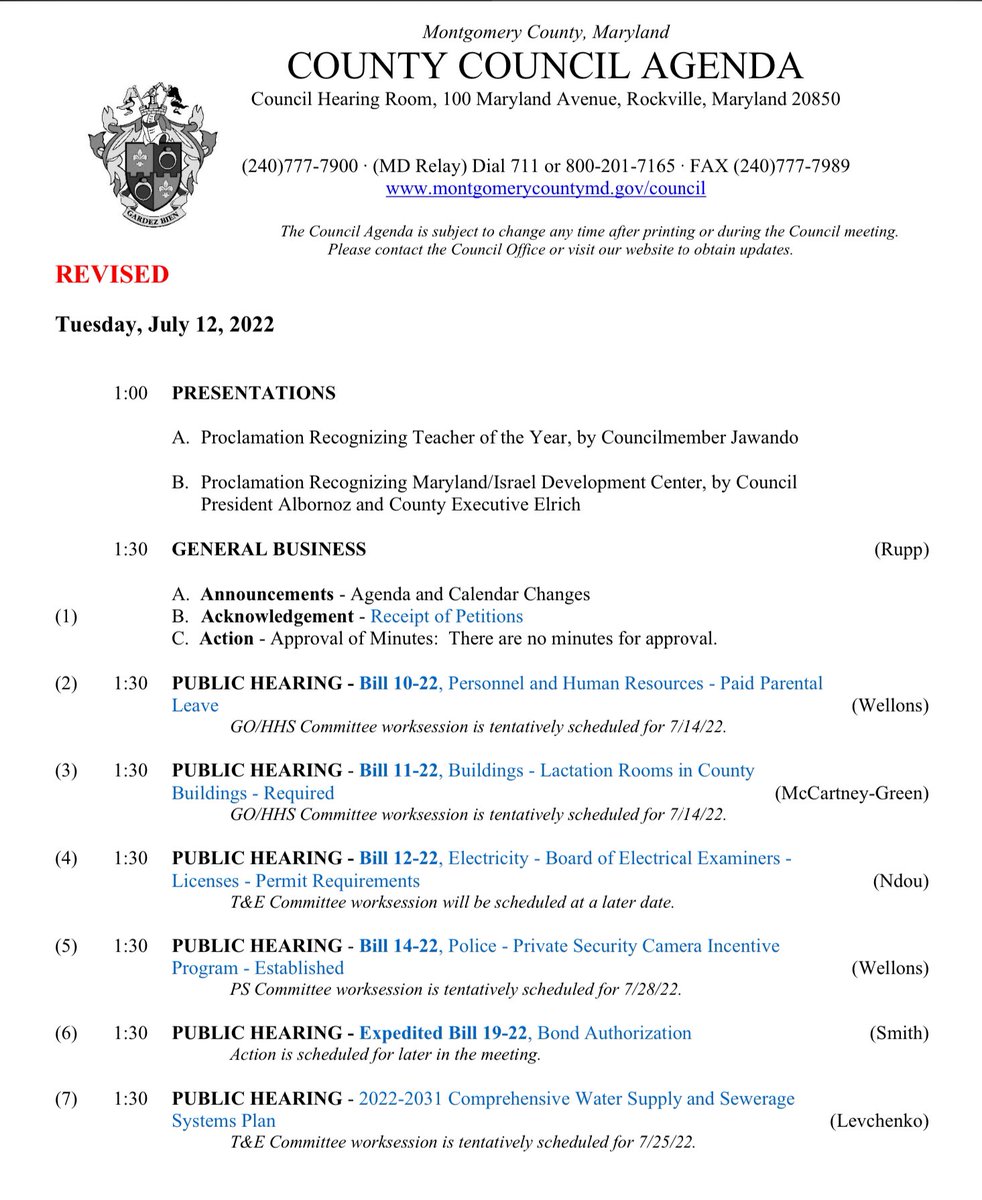 The Council meets on July 12 at 1 p.m. to introduce a bill that would prohibit the possession of firearms in or near places of public assembly & vote on legislation that would require climate assessments for legislation, zoning measures & master plans. 📰 content.govdelivery.com/accounts/MDMON…