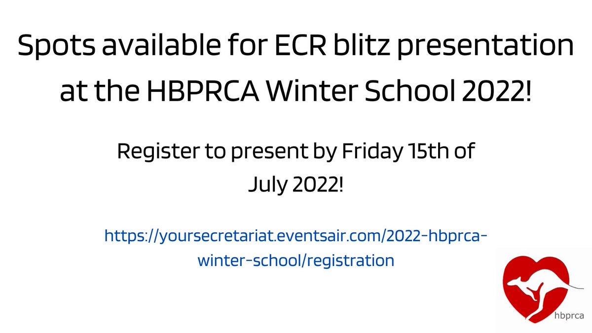 Dear #ECRs, come present at the #HBPRCA_WS2022! Register for the ECR Blitz presentations by 
** THIS FRIDAY ** 15th July 2022. Remind fellow #ECRs <a href="/vivianvtran/">Vivian Tran, PhD</a> <a href="/HamdiAJama/">Hamdi</a> <a href="/qndinh/">Dr Quynh Nhu Dinh</a> <a href="/JordynMThomas/">Jordyn Thomas</a> <a href="/moe_thuz/">Moe Thuzar</a> <a href="/babakrania/">Bhavisha Bakrania</a> <a href="/RCarnagarin/">Revathy Carnagarin</a> <a href="/rikeishm/">Rikeish R. Muralitharan MD, PhD</a> <a href="/OzCvA/">ACvA</a> <a href="/ISHBP/">International Society of Hypertension</a>  
yoursecretariat.eventsair.com/2022-hbprca-wi…