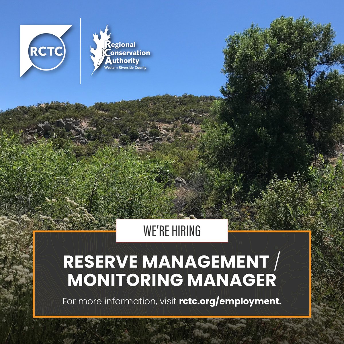 WesternRCA's tweet photo. The western Riverside County MSHCP needs you! 🌱 We are recruiting for a Reserve Management/Monitoring Manager. The successful candidate will help protect the 146 native species and fulfill the mission of the #MSHCP. https://t.co/aEbAGa2IG9 https://t.co/dAbq8HsqWw