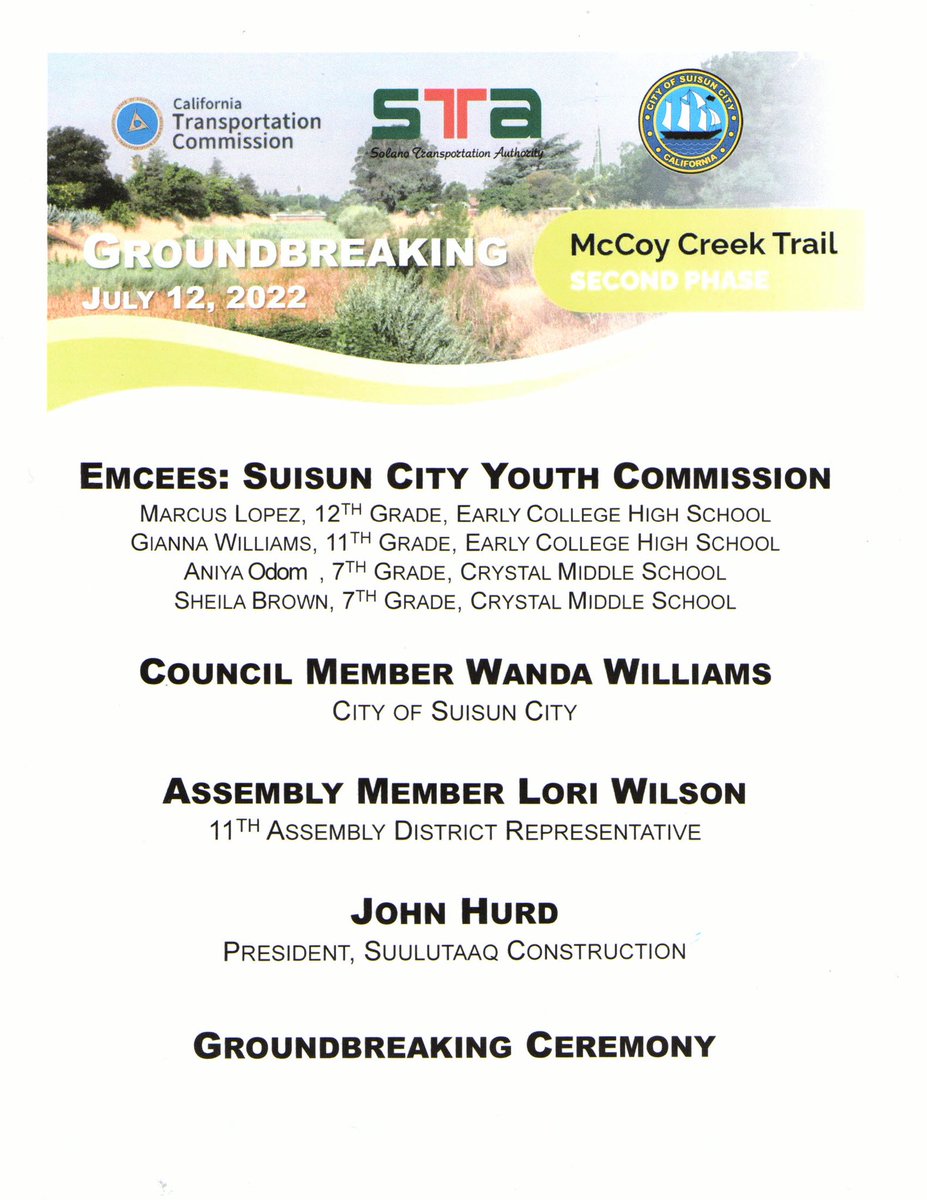 DavidDavidk9806's tweet photo. Tomorrow at 5PM our SCYC Teens and Pre-teens Emcee the groundbreaking of the new McCoy Creek Park.  The groundbreaking will be at Blossom and Chryl in the beautiful city of Suisun City.  Come join us.   @FSUSD_ECHS @CrystalCougars @FSUSD_Phoenix https://t.co/Y2vXKvV5Xz