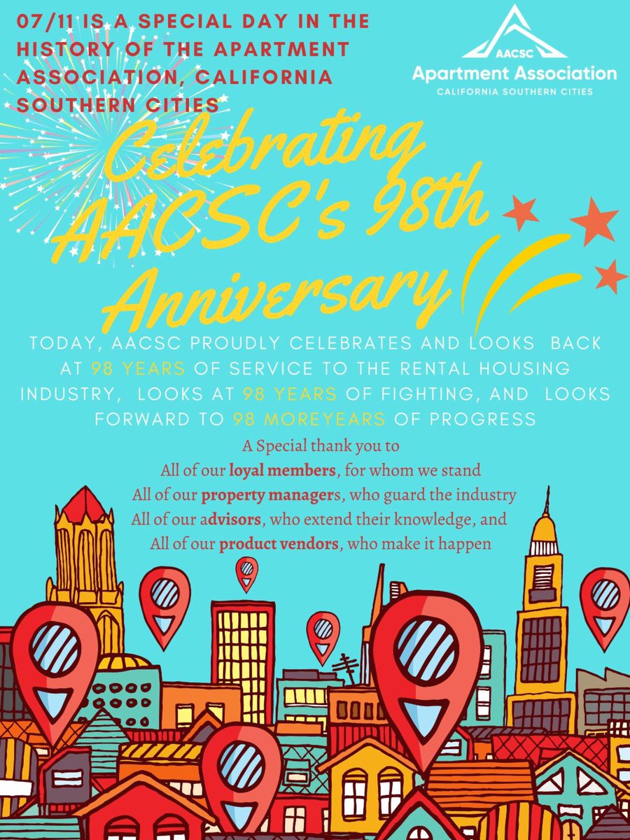 theaacsc's tweet photo. Today, at AACSC, we proudly celebrate 98 years of being the voice of the rental housing industry. We celebrate our members, we celebrate our partners. 
🍾 to 98 years of giving and more! 
#AACSC https://t.co/QGjzdufytT