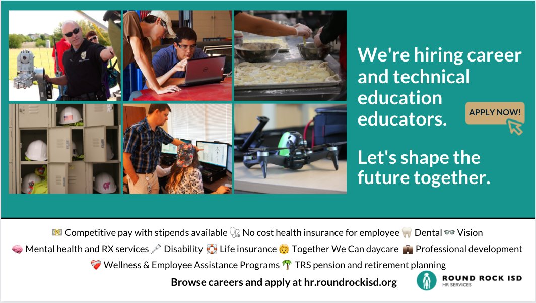 RoundRockISD's tweet image. We're hiring #careerandtechnical education #CTE educators. Let's shape the future together.Browse careers &amp;amp; apply at hr.roundrockisd.org. #ItStartswithUs  #CTEteachers #CTEjobs #Teachingjobs  #Texaspublicschool #jobsineducation #Texaseducators #Texasteachers