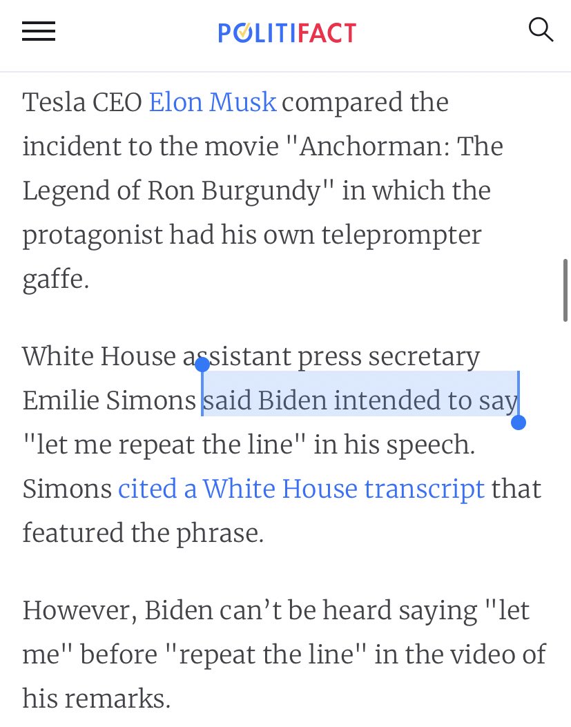 JerryDunleavy's tweet photo. This by @PolitiFact is false. WH assistant press secretary Emilie Simons did not say Biden *intended* to say that, she said he *actually* said it, which was untrue. And the WH transcript (which contains the falsehood) was not posted until after her claim.

https://t.co/EE2Hb4nijY https://t.co/yI9tXDJxoo