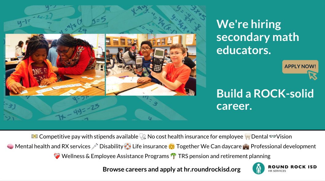 RoundRockISD's tweet photo. We're hiring secondary #matheducators. Build a ROCK-solid career. Browse careers &amp; apply at https://t.co/n8N6h017S7.

#ItStartswithUs #Math #Matheducation #Mathteacherjobs #Teachingjobs #Texaspublicschool #jobsineducation #Texaseducators #Texasteachers https://t.co/ZrHlquDhHq