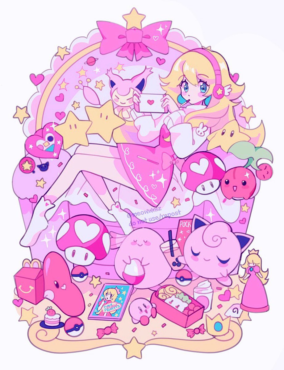 jigglypuff ,princess peach blonde hair pokemon (creature) 1girl long hair heart poke ball food  illustration images