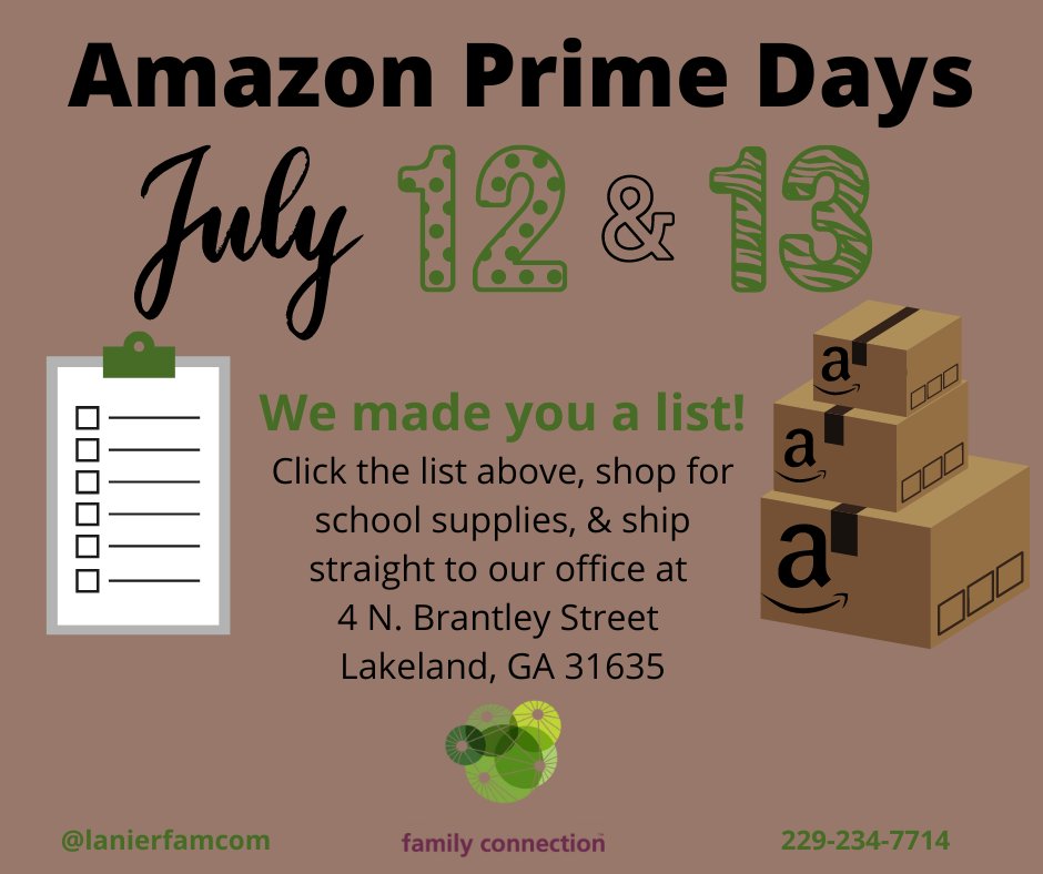 lanierfamcom1's tweet photo. Tomorrow is the first day of Amazon Prime Days &amp; the perfect time to order something from our Community Day School Supply List! 
🖍Click the list
https://t.co/jYMZJln6hp
🖍Pick the item you want to donate
🖍 Ship to LFC 4 N. Brantley St. Lakeland, GA 31635
#schoolsupplies #donate https://t.co/iAgQTRsoKc