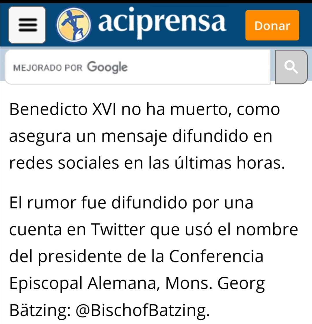 La noticia sobre el fallecimiento del papa Benedicto XVI, es falsa.