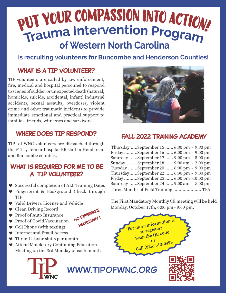 TIPofWNC's tweet image. TIP of WNC is looking for volunteers in Henderson and Buncombe counties who want to provide emotional first aid and practical support to those who have experienced a sudden traumatic event. If this speaks to you, please consider volunteering with us!

tipofwnc.org/volunteer