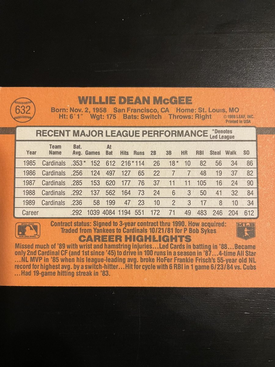 Willie McGee in 1990 on the <a href="/Cardinals/">St. Louis Cardinals</a> , 4 time all - Star and MVP and 1985! #baseballcards
