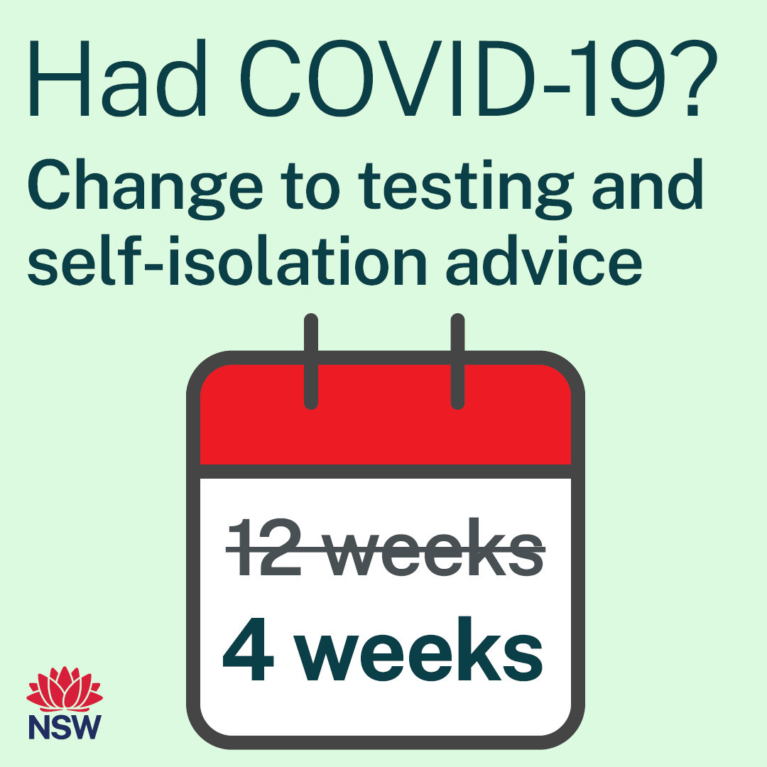 Had COVID-19? Testing and self-isolation advice after infection has changed

If you get symptoms from 28 days after isolating for COVID-19, you should do a test.

If you test positive, you must self-isolate for at least 7 days.

More: nsw.gov.au/covid-19/manag…