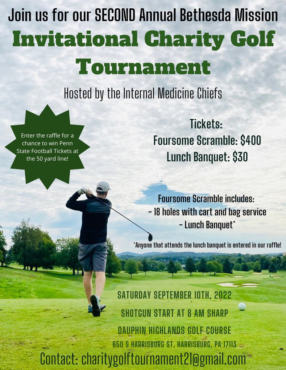 PennStIMchiefs's tweet photo. Less than 2 months until the SECOND Annual Bethesda Mission Charity Golf Tournament!! Come out and join us on September 10th to contribute to a great cause, or sponsor a hole and/or a team! #WeAre https://t.co/CD1PodYfRj