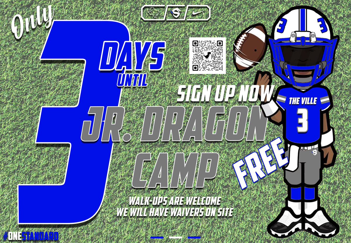 SeagovilleFB's tweet photo. Only 3️⃣ days before the inaugural Jr. Dragon Football Camp! Sign up now! We will also accept walk-ups and we will have waivers on site! 

IT’S FREE!

Come work with some of the best coaches and kids in the city!

#OneStandard #DragonDNA🧬 https://t.co/I51SBi2jCw