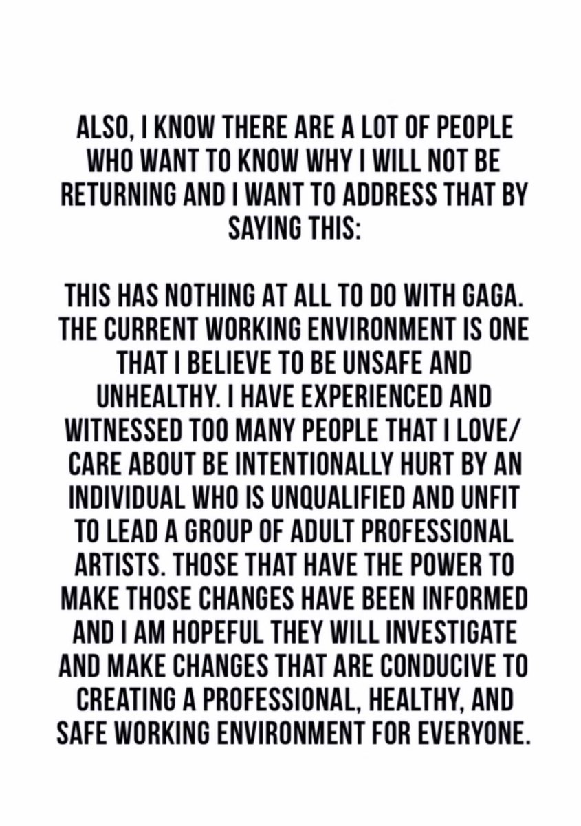 Kevin Frey (another longtime dancer for Gaga) confirms his exit from the Haus of Gaga via Instagram stories

“Those that have the power to make changes have been informed and I am hopeful that they will investigate”