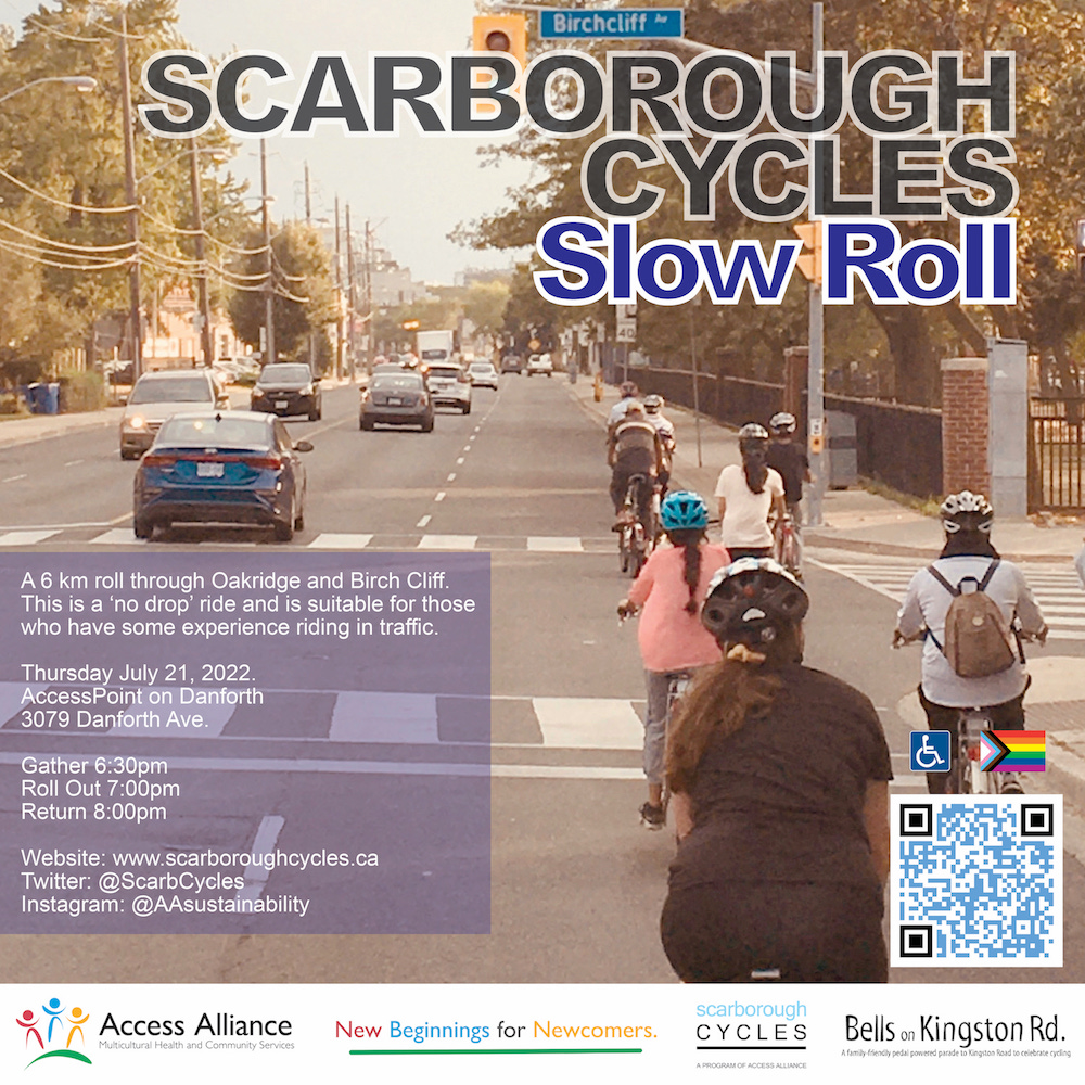 Our ‘Slow Roll’ community bike rides are back! Join us for a 6 km roll through Oakridge and Birch Cliff.
 
Thursday July 21
AccessPoint on Danforth, 3079 Danforth Ave. 
Gather 6:30pm
Roll Out 7:00pm
Return 8:00pm

scarboroughcycles.ca/group-rides/

#bikeTO #ScarbTO #Ward20 @BellsOnKingston