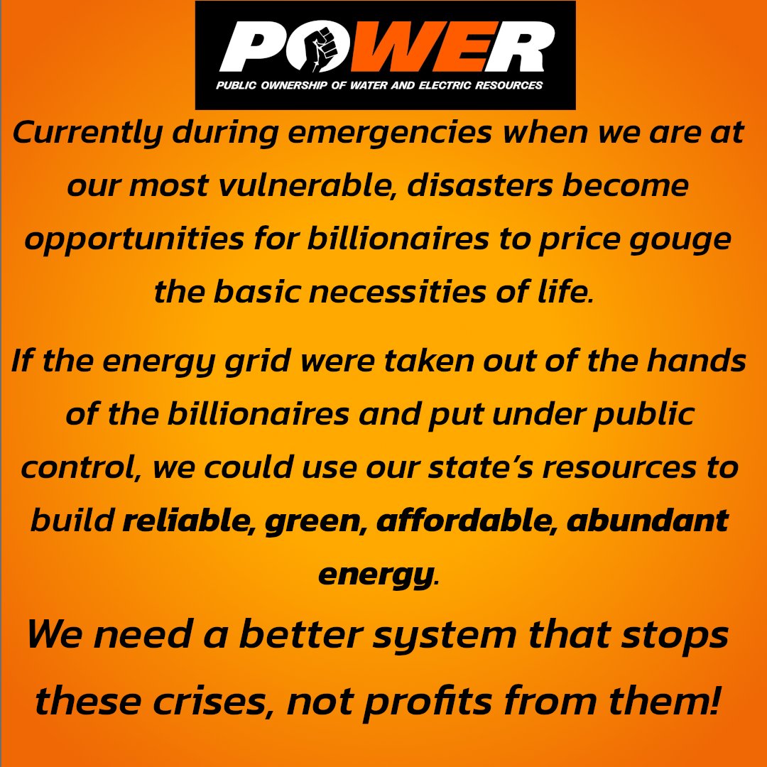 wepowertx's tweet photo. It is possible to move beyond the fear, uncertainty, and artificial scarcity built into our current system.

We can build an alternative which put’s the grid under public control and runs it in the public interest. https://t.co/3KLililXGa