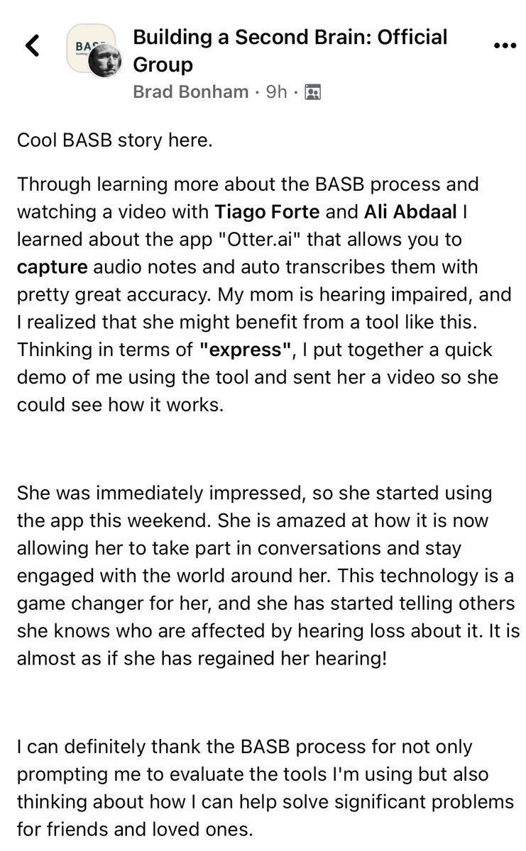 Tiago Forte (@fortelabs) on Twitter photo Incredible story about how people are using second-brain apps like <a href="/otter_ai/">Otter.ai (AI Meeting Agent)</a> to overcome the most fundamental challenges of their lives Incredible story about how people are using second-brain apps like <a href="/otter_ai/">Otter.ai (AI Meeting Agent)</a> to overcome the most fundamental challenges of their lives