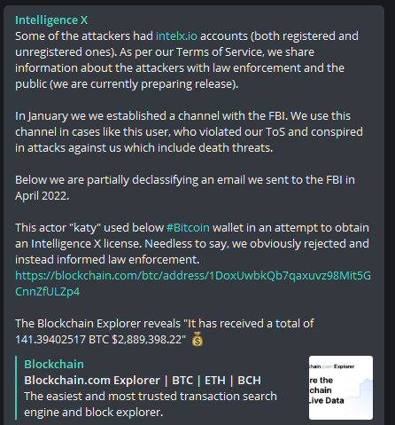 thanks for the shoutout, though false reports that I sent death threats is a bit bizarre.
<a href="/_IntelligenceX/">Intelligence X</a>